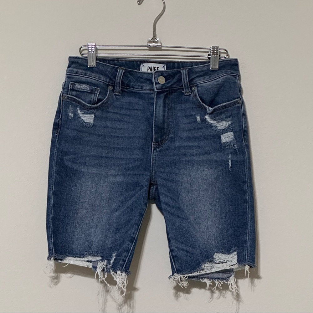 Y2k PAIGE Jax Distressed Knee Cut-Off Denim Shorts Dark Blue Raw Hem Women's 26